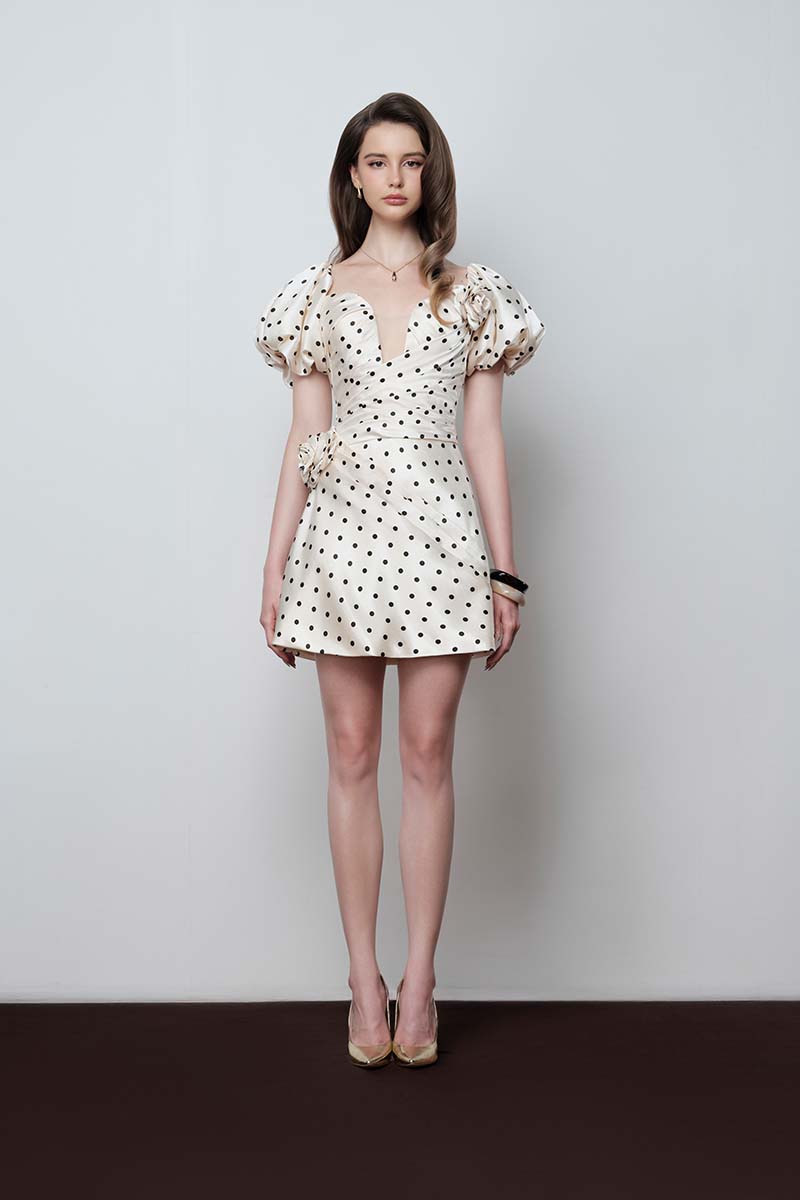 Do Long Rose Dot Mini Dress featuring a fitted silhouette with pink rose dot pattern and short sleeves.