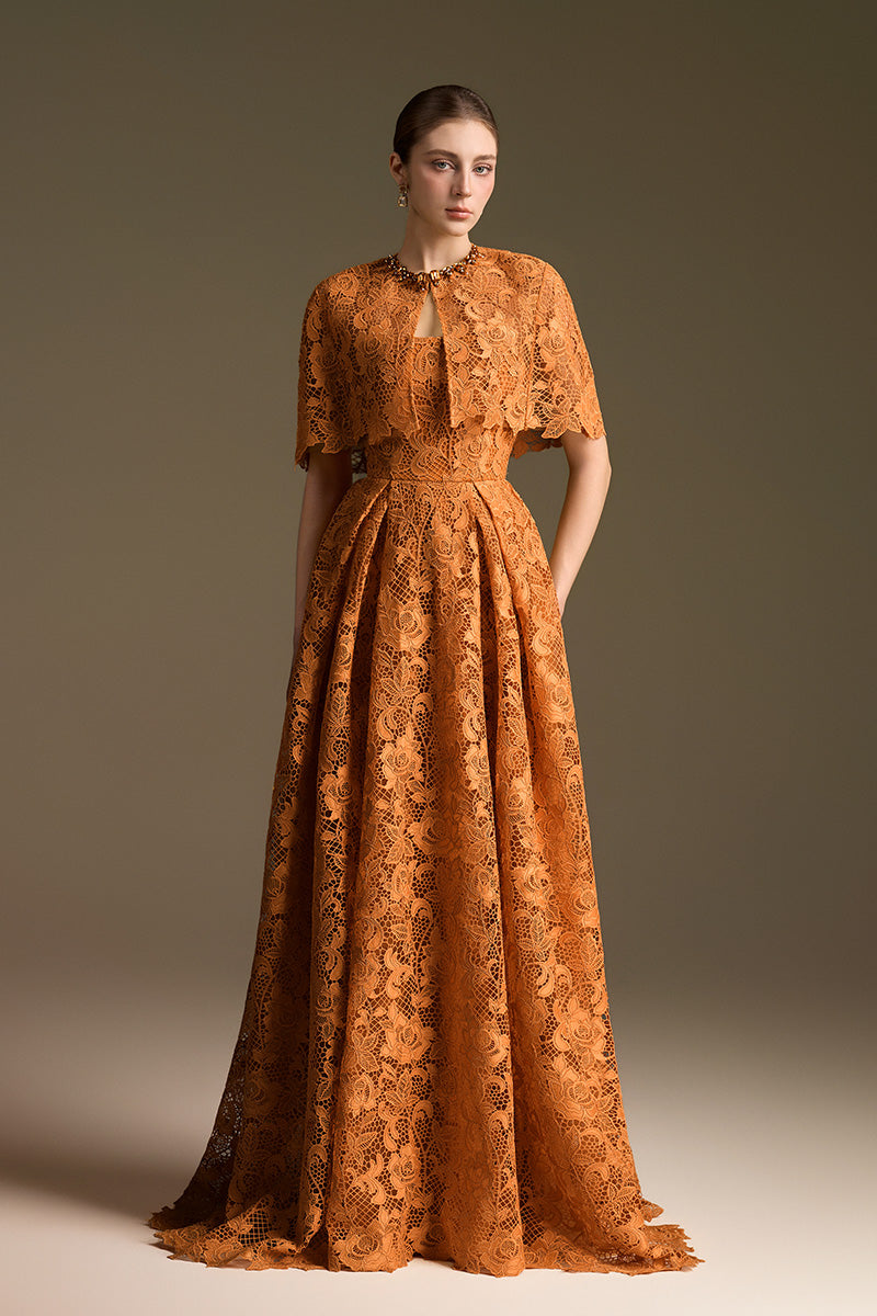 I.H.F Cult Mia X bustier orange A-line gown featuring a fitted bustier top and flowing skirt, elegant evening dress.