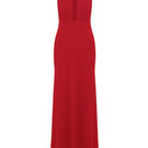 Red Nazlı Ceren INES Jersey long maxi dress displayed on a model with flowing fabric and a fitted silhouette.