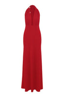 Red Nazlı Ceren INES Jersey long maxi dress displayed on a model with flowing fabric and a fitted silhouette.