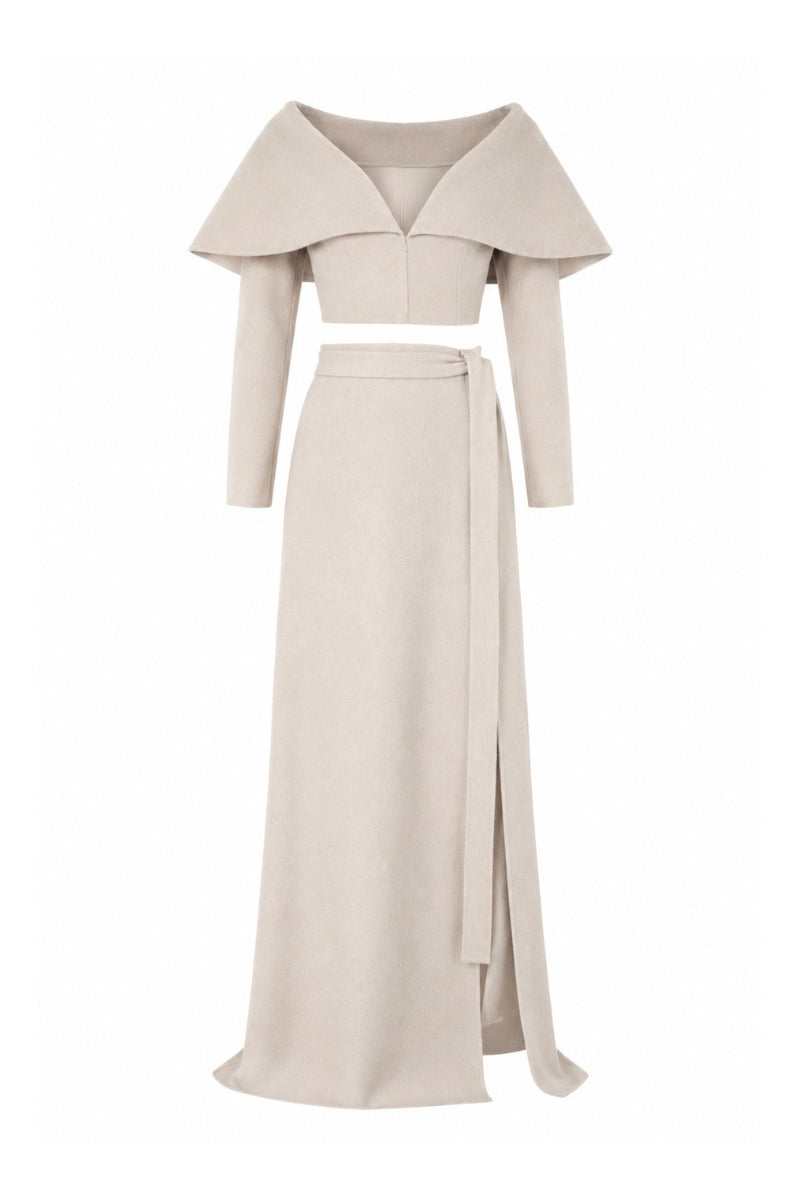 Lili Blanc cashmere wrap skirt in a maxi length, soft and cozy fabric, draped style with a smooth, elegant appearance.