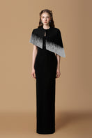 Black crepe de chine taffeta gown by I.H.F, showcasing elegant fabric and flowing design in a sophisticated evening gown.