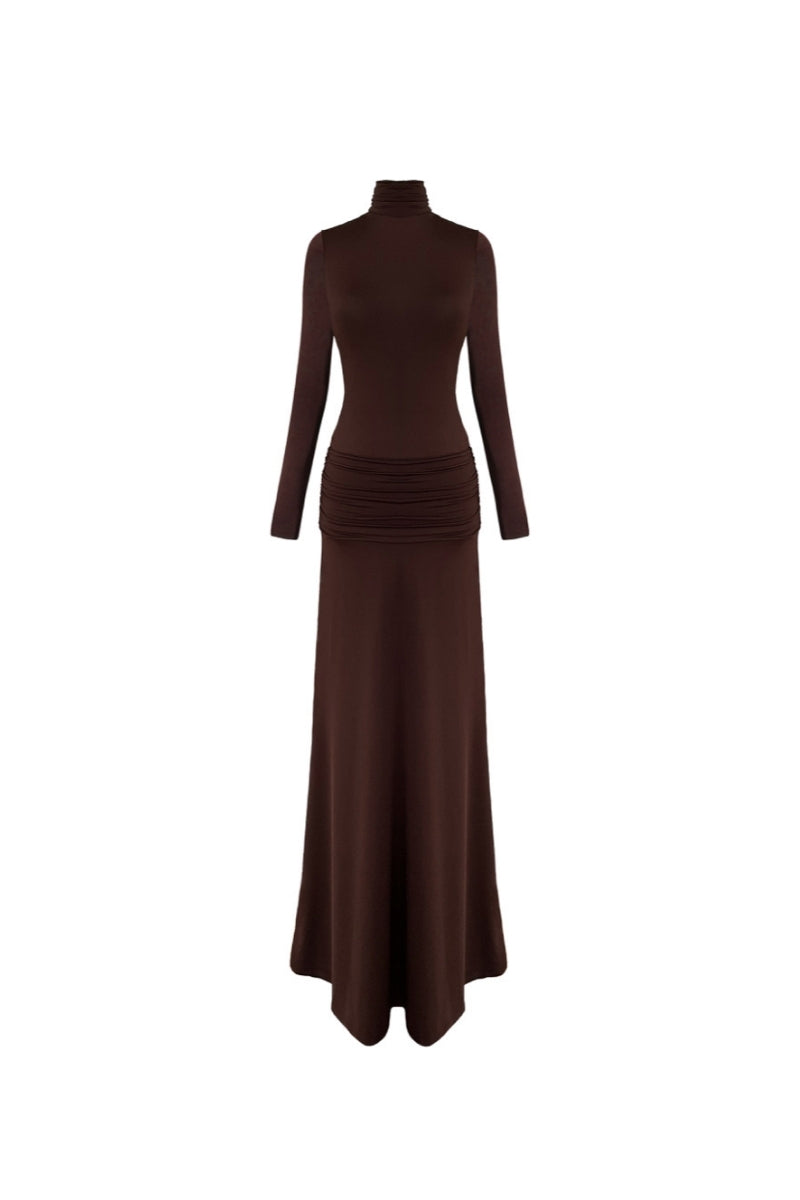 SIENNA LONG JERSEY DRESS IN BURNT BROWN