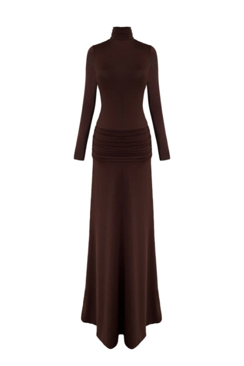Nazlı Ceren SIENNA LONG JERSEY DRESS IN BURNT BROWN
