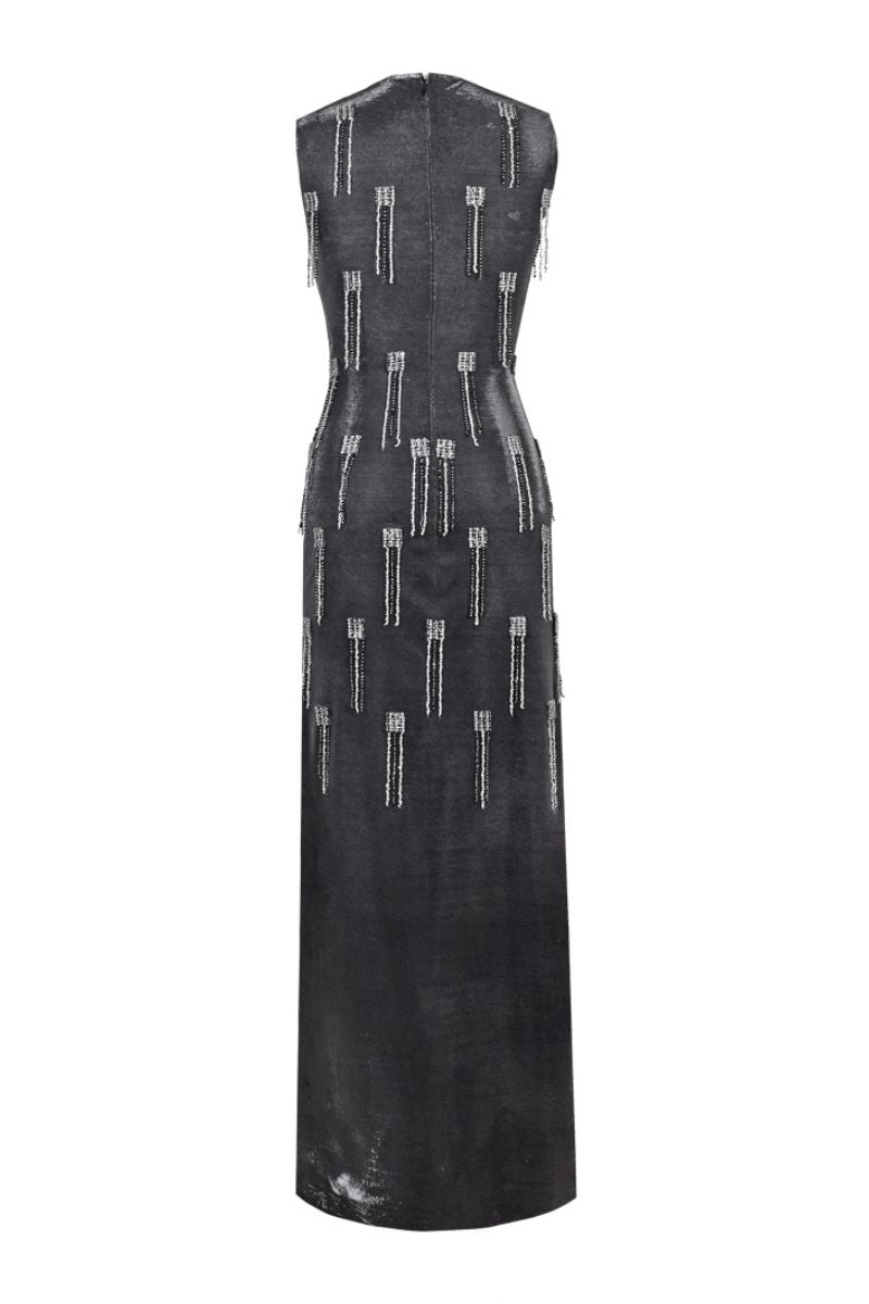 BLACK LUREX-TULLE SEQUIN TASSEL MAXI DRESS - CULT MIA