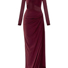 Deme By Gabriella Gloria Cherry Red Ruched Gown, elegant evening dress with ruched fabric and a fitted silhouette.
