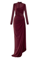 Deme By Gabriella Gloria Cherry Red Ruched Gown, elegant evening dress with ruched fabric and a fitted silhouette.