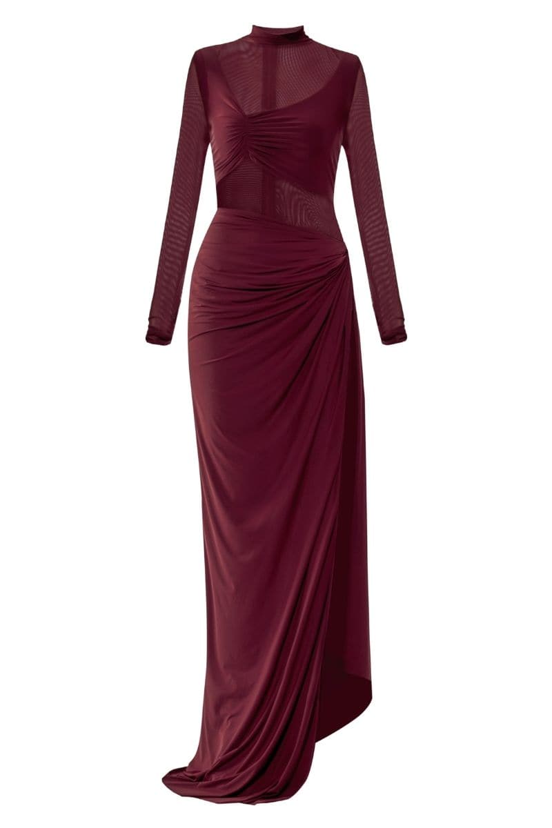 Deme By Gabriella Gloria Cherry Red Ruched Gown, elegant evening dress with ruched fabric and a fitted silhouette.