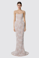 Elegant navy blue MUNA lace gown by BALYKINA featuring intricate lace details and a flowing silhouette.