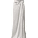 Nazlı Ceren Corinne satin maxi skirt in silver lining with smooth fabric and elegant flow, shown on a model.