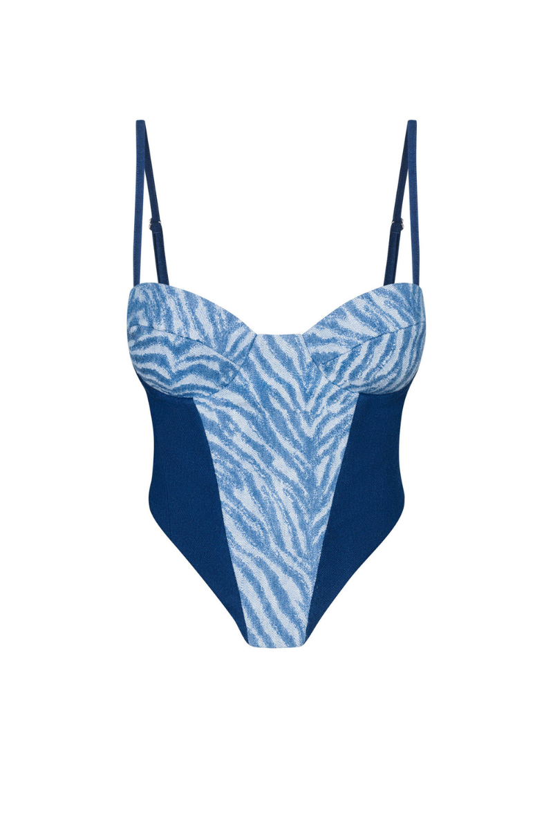 LOWELL CORSET IN DARK DENIM AND ZEBRA - CULT MIA