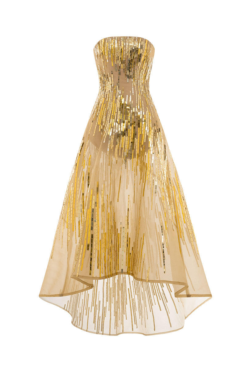 Poem AURIELLE midi dress displayed on a hanger, featuring a flowy fabric and elegant design suitable for casual or semi-formal wear.