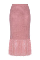 Liya pink midi skirt with fashionable fringe detailing, stylish and flowy for a chic, feminine look.