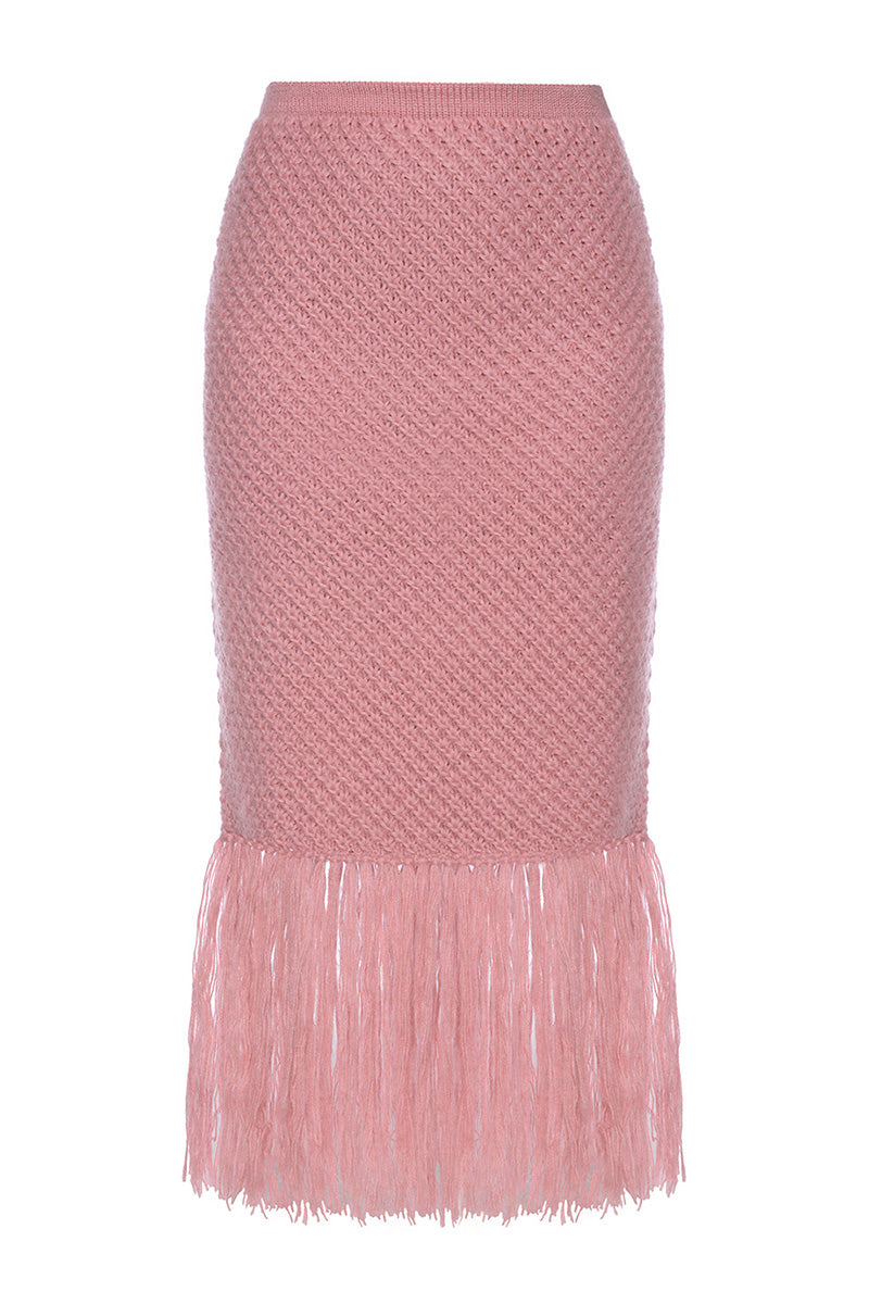 Liya pink midi skirt with fashionable fringe detailing, stylish and flowy for a chic, feminine look.