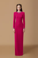 Pink crepe silk lined gown by I.H.F with elegant drape and smooth fabric, perfect for formal occasions.