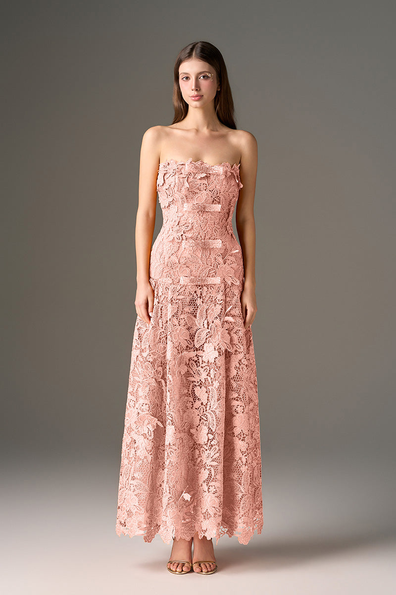 I.H.F Studio Cult Mia X floral garden pink strapless A-line maxi dress displayed on a hanger.