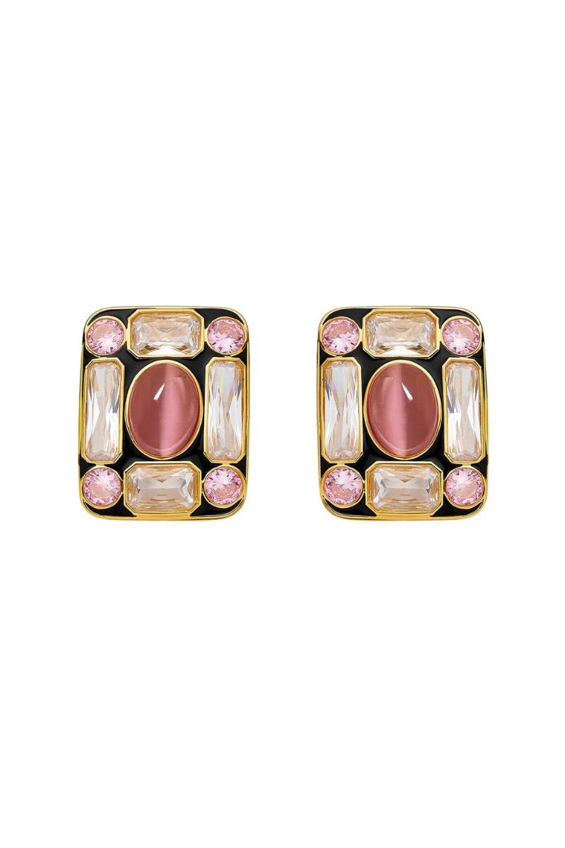 Nana Jacqueline Mirabel cat eye stone earrings with gold-tone hooks, featuring oval-shaped dark green cat eye stones and elegant design.