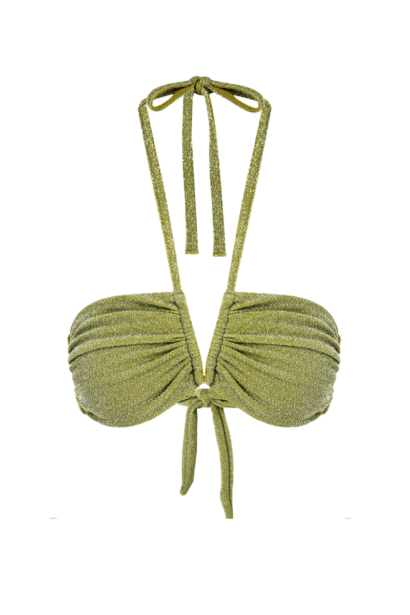 Suncillo Virna sparkly lime green bikini top with shimmering fabric and adjustable straps, perfect for beach or poolside wear.
