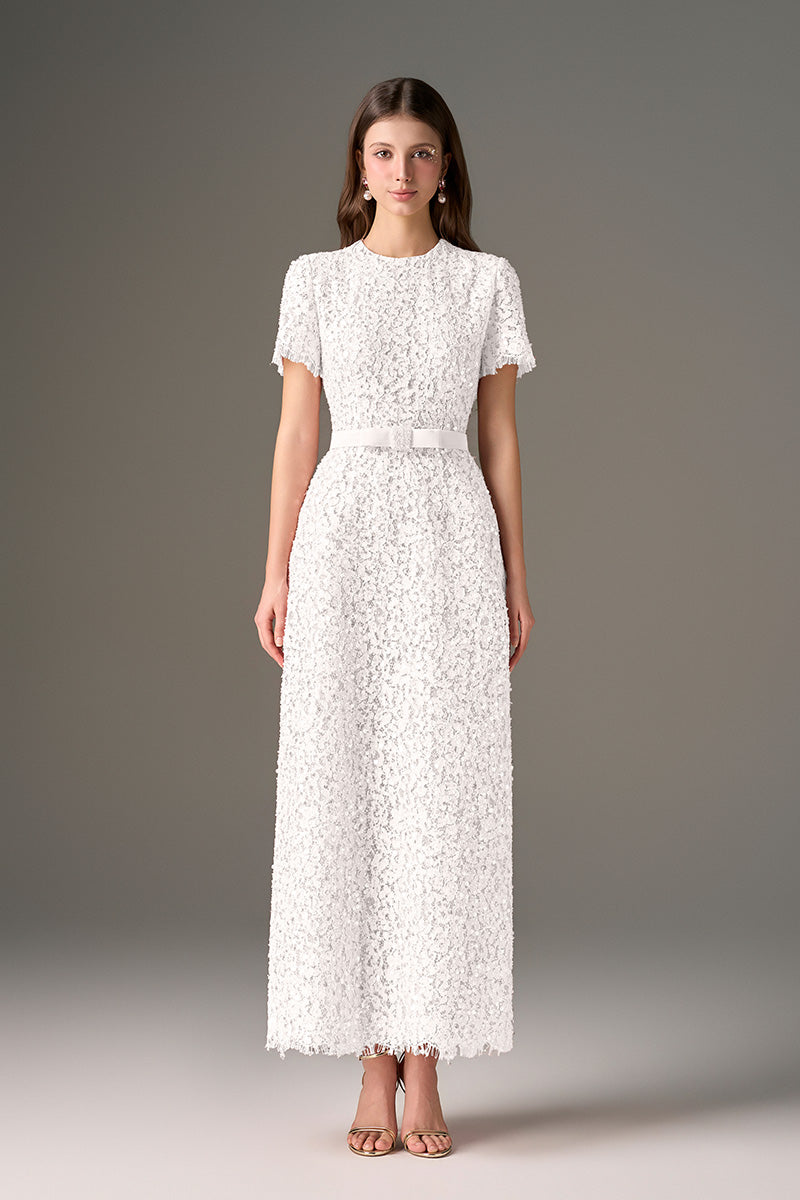 I.H.F Studio CULT MIA X floral white lace structured midi dress with sequins and floral detailing, perfect for elegant occasions.