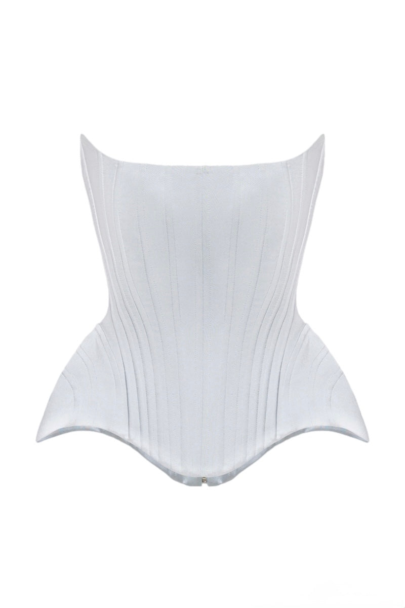 Light-blue Irma corset top by Balykina featuring structured design and adjustable straps, shown on a model.
