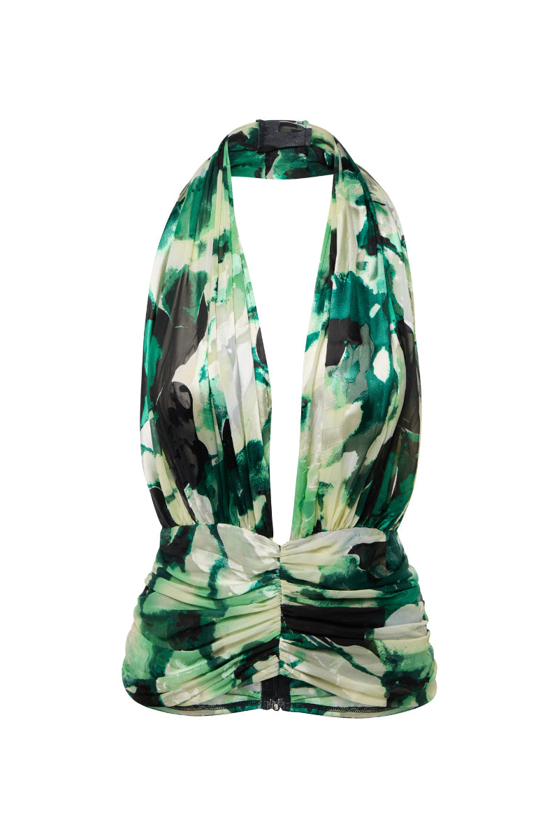 Green floral halter top by Suncillo, featuring a vibrant pattern and tie-neck design, displayed on a mannequin.