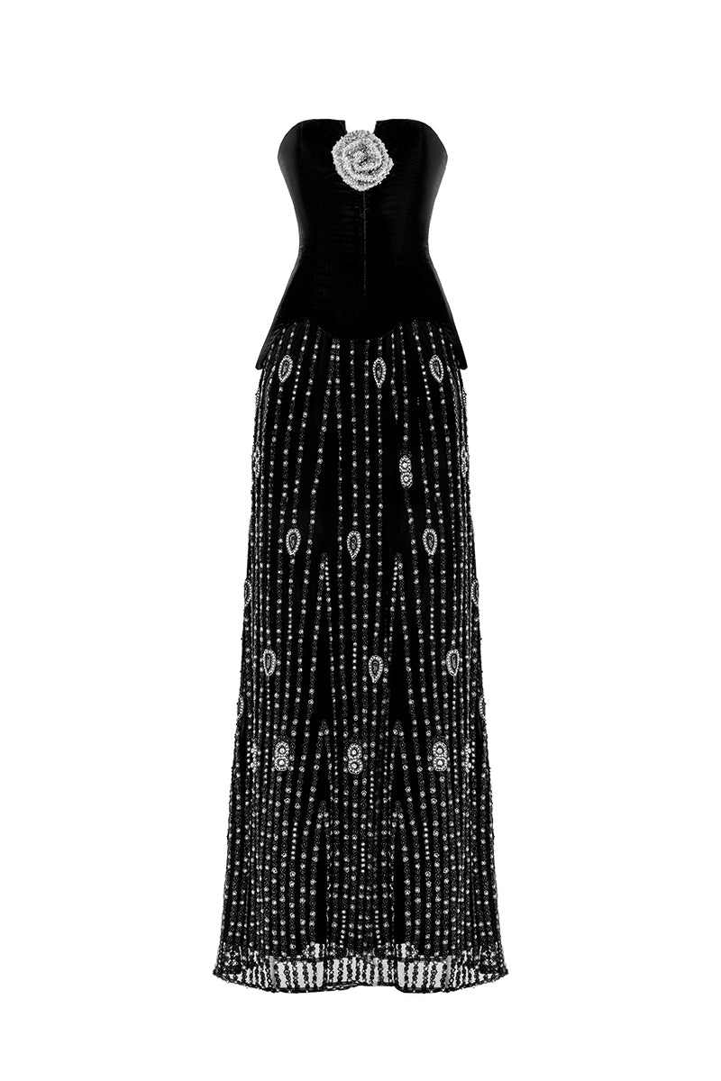EMBROIDERED NOIR VELVET GOWN - CULT MIA