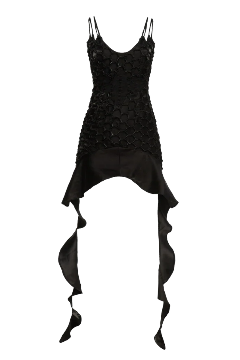 Black Onalaja SIKA mini dress featuring a sleek, fitted design and stylish neckline, perfect for elegant occasions.