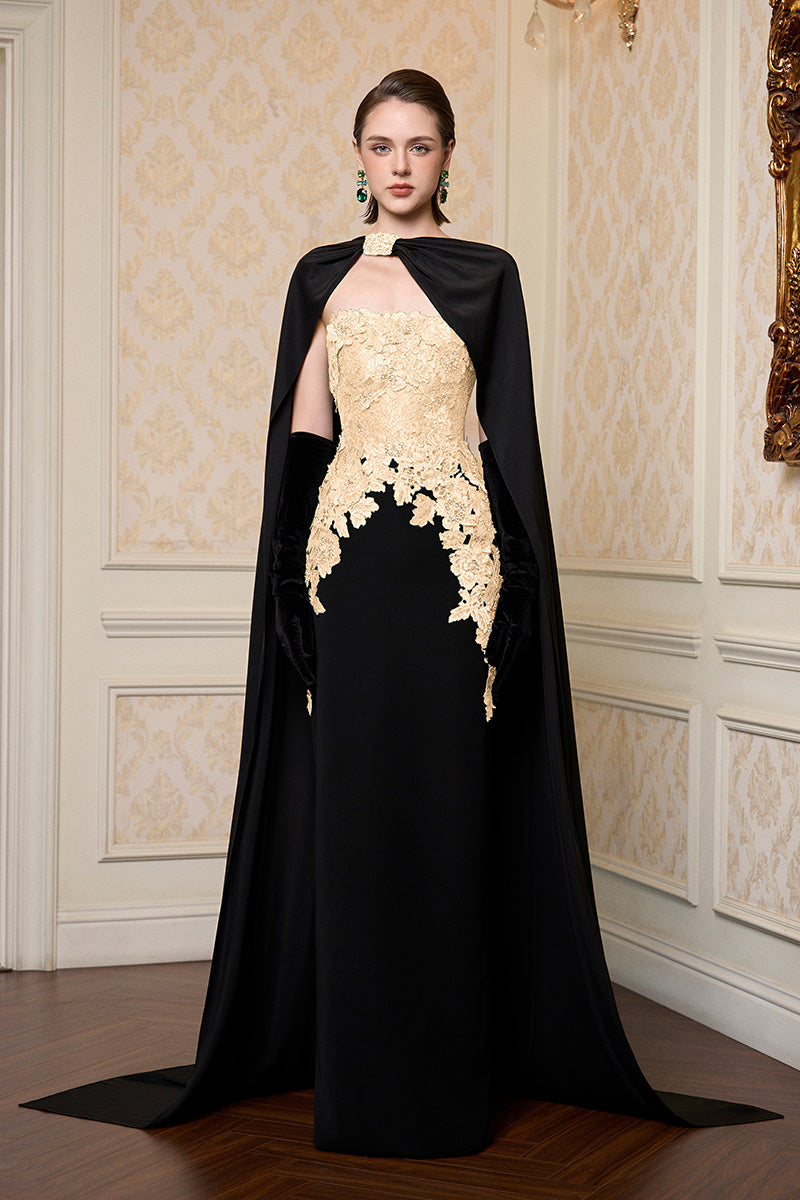 STRAPLESS COLUMN GOWN WITH LONG CAPE IN BEIGE