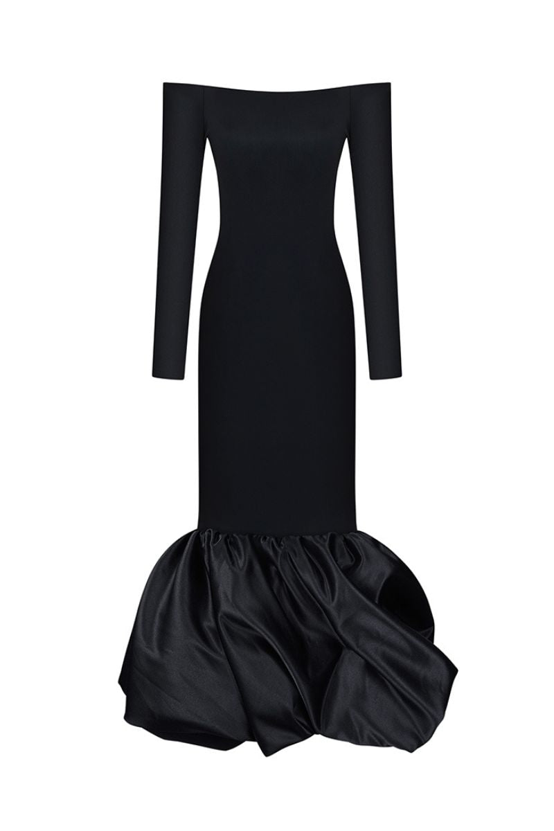 MERINGUE FLOUNCE MIDI DRESS IN BLACK - CULT MIA