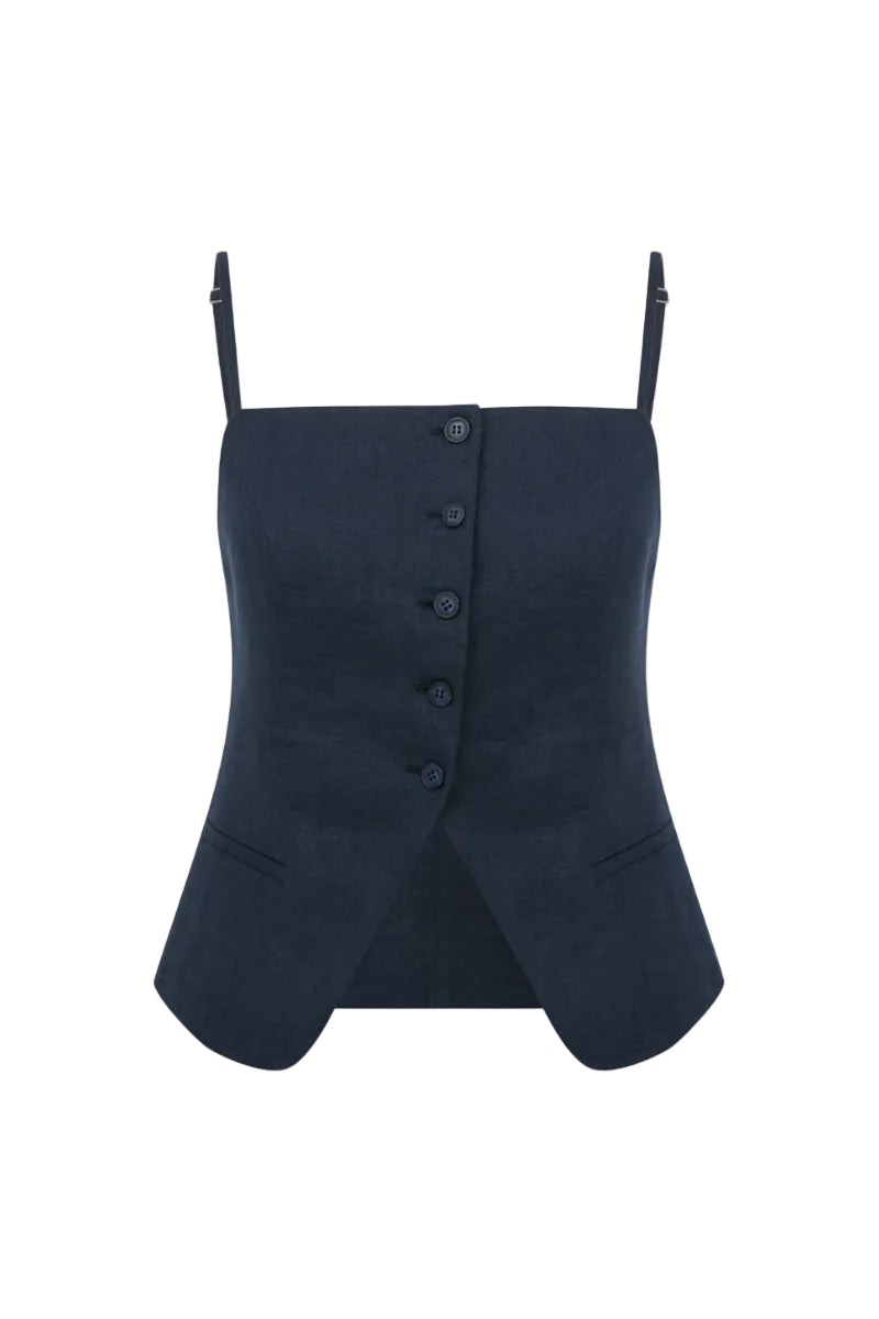 Dark navy linen top by Nazlı Ceren, featuring a relaxed fit and stylish design, perfect for casual or chic outfits.