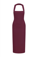 Nazlı Ceren Margaux crepe midi dress in Bordeaux color, featuring a sleek, elegant design with a fitted waist and flowing skirt.