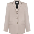 Elenareva taupe wool tailored jacket displayed on a hanger, showcasing its sleek design and structured fit.