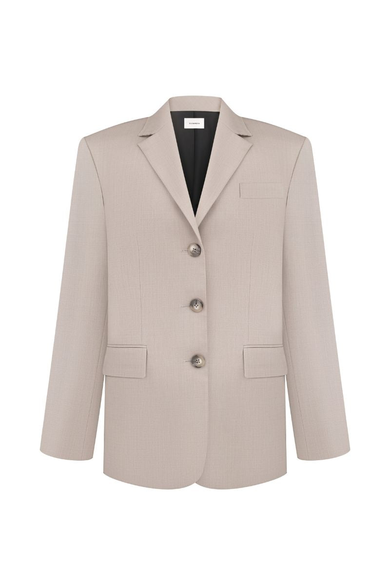 Elenareva taupe wool tailored jacket displayed on a hanger, showcasing its sleek design and structured fit.