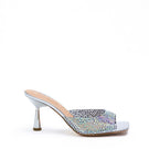 Kolane Greta mule sandals in silver crystal transparent design with open toe and slip-on style.