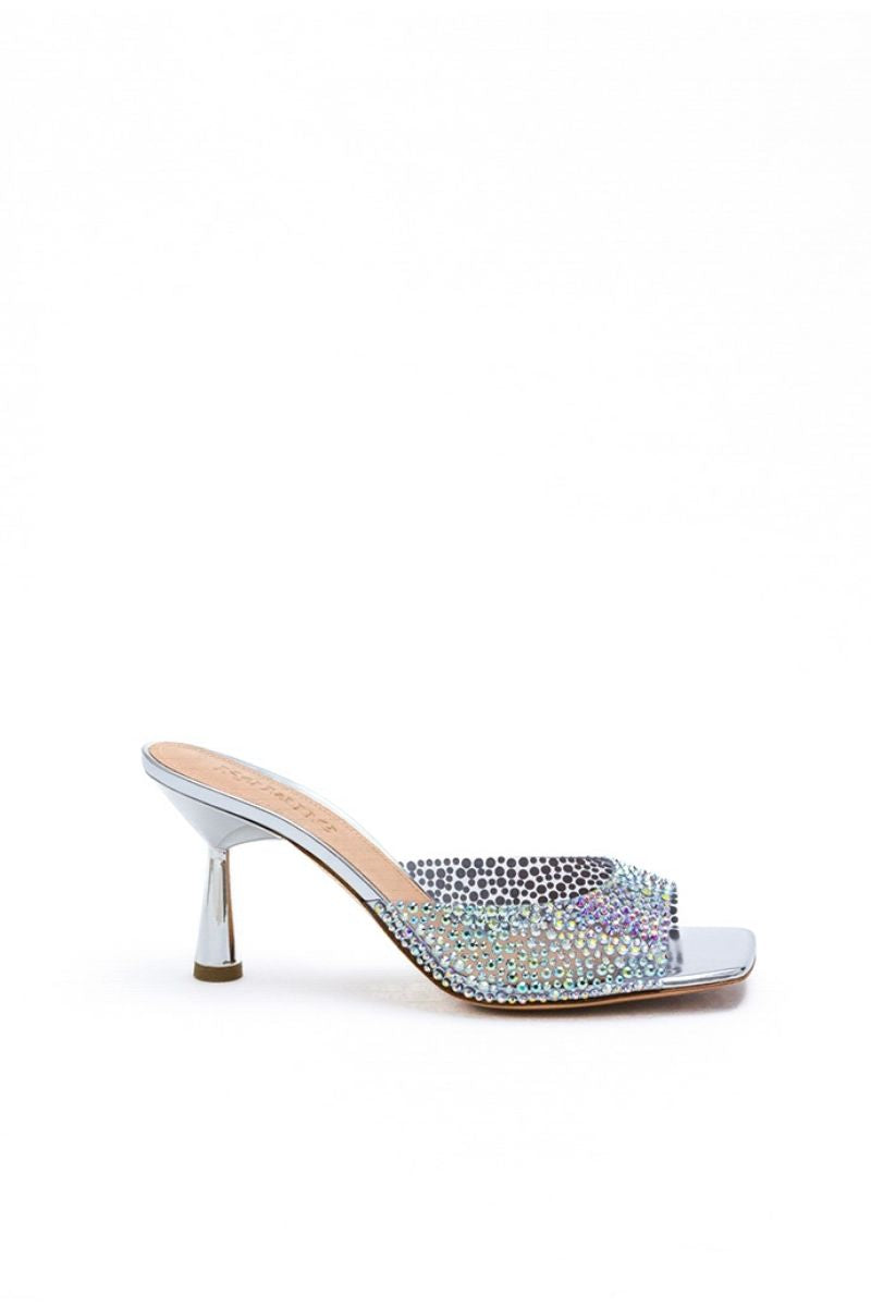 Kolane Greta mule sandals in silver crystal transparent design with open toe and slip-on style.