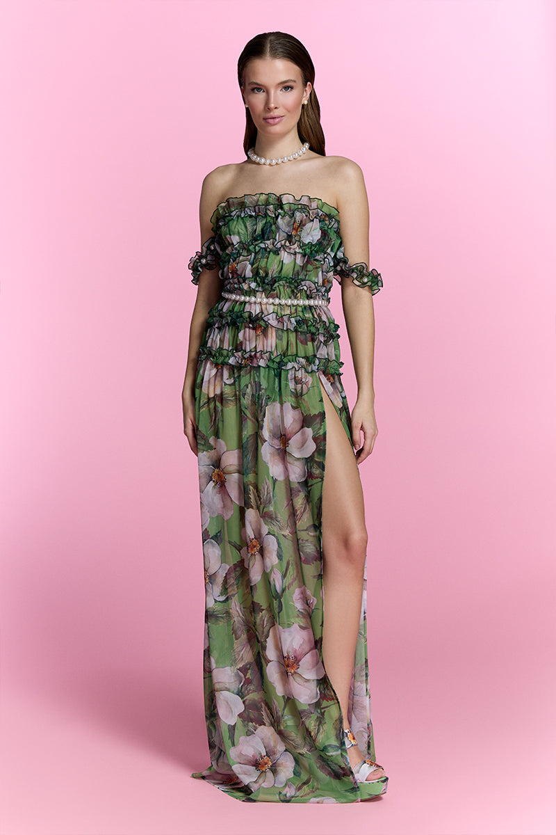 Nur Karaata silk heirloom beach dress, a flowing maxi dress with intricate patterns, perfect for seaside or summer wear.