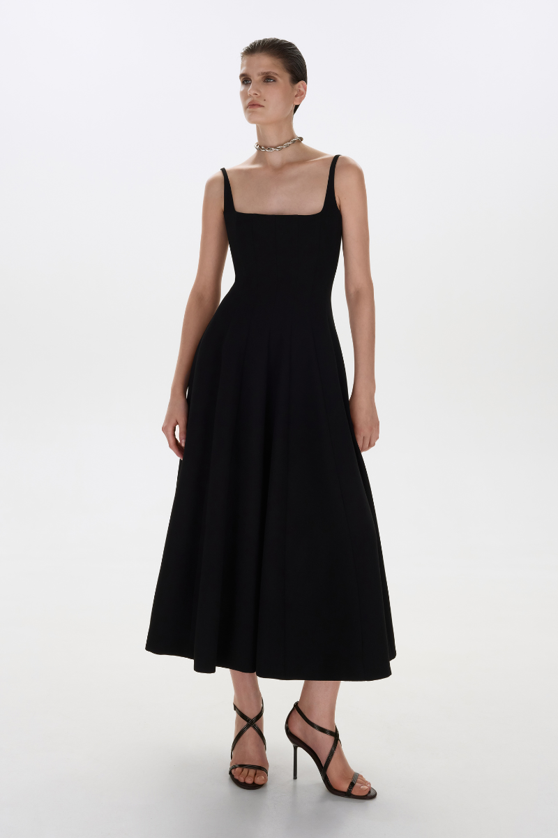 black thin strap midi dress Tight Black Midi Dress with Thin Strap