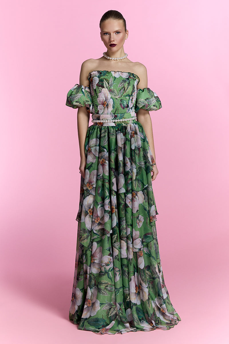 Nur Karaata Provence Poème gown in soft fabric with elegant floral pattern and flowing design, perfect for special occasions.