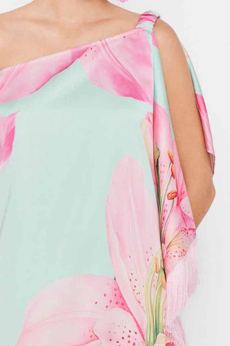 Valenciani one-shoulder maxi dress in multicolor with flowing fabric and elegant design, perfect for summer occasions.