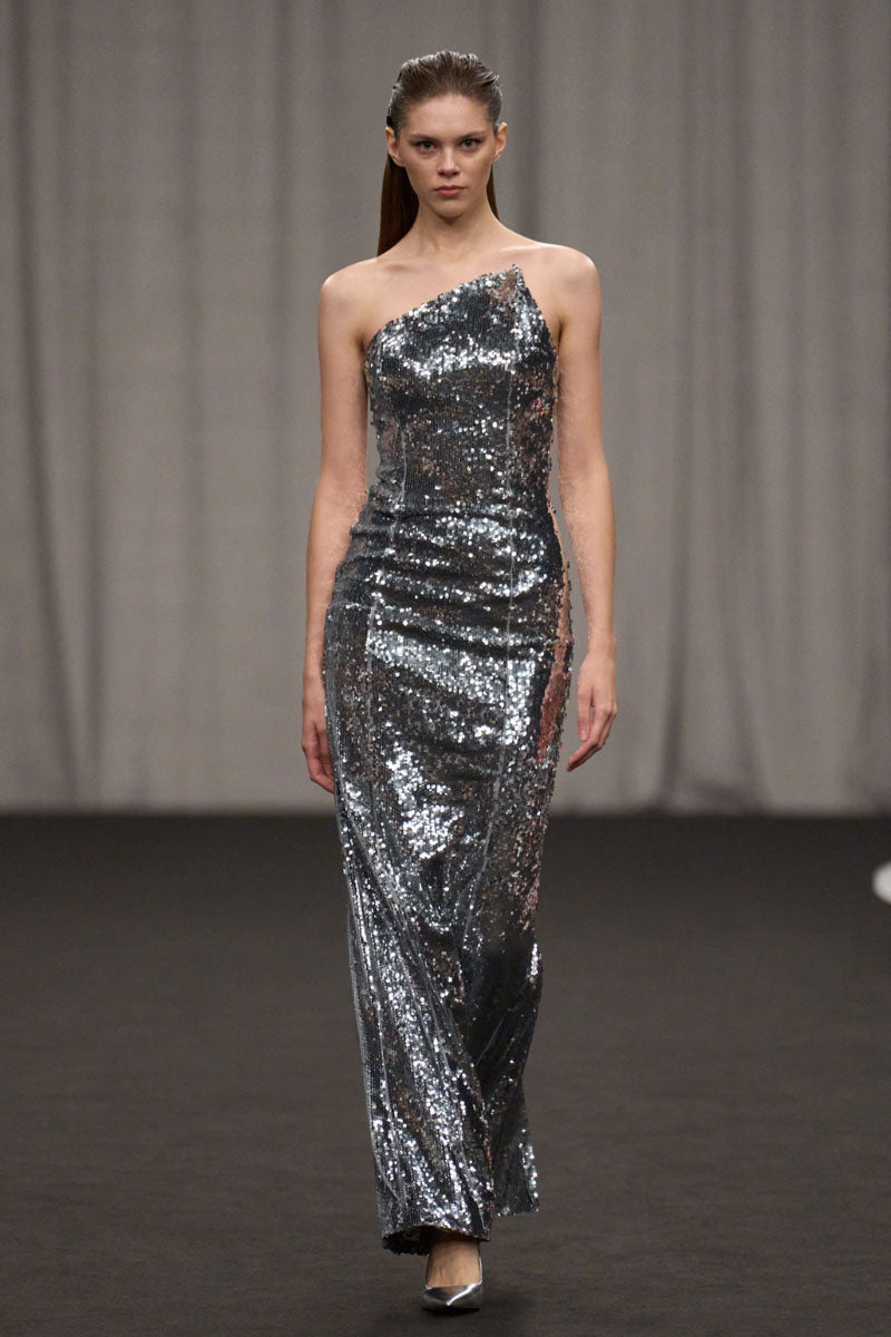 ASYMMETRIC NECKLINE SEQUIN DRESS
