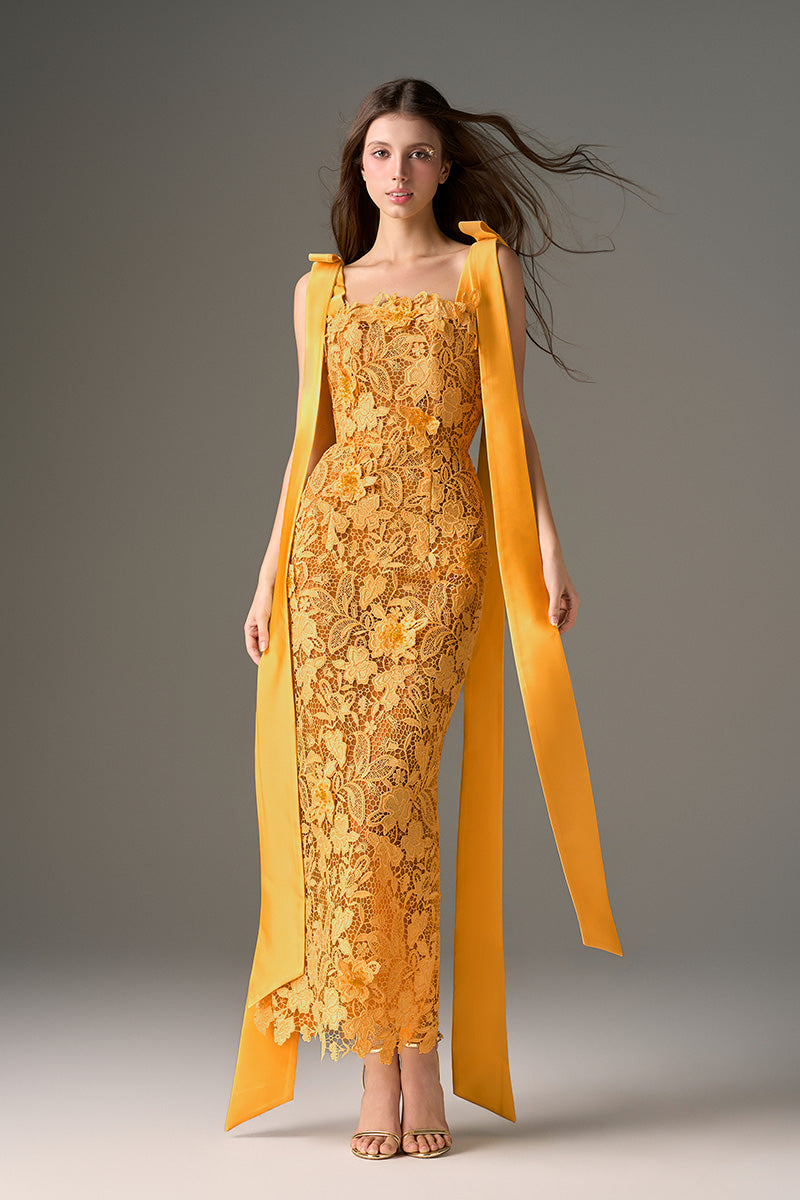 I.H.F Studio CULT MIA X floral garden orange lace maxi dress with a fitted column silhouette and intricate floral lace details.