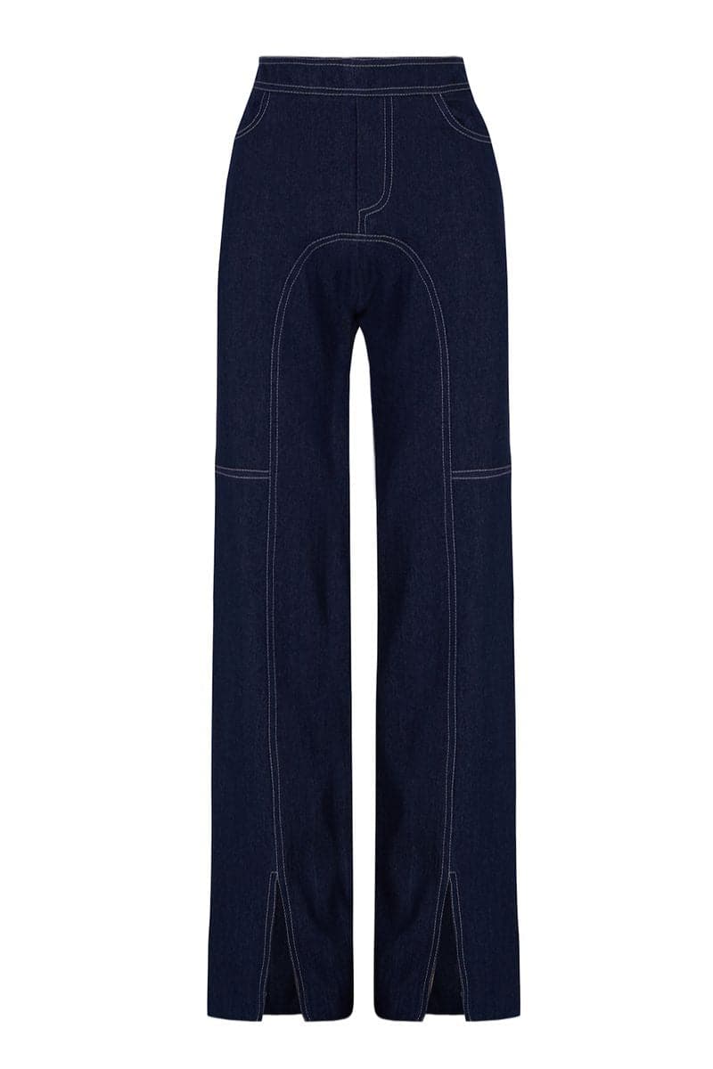 Navy blue denim biker pants from JC Pajares featuring a slim fit and classic five-pocket design.