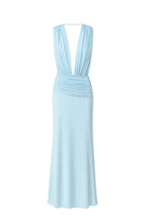 Nazlı Ceren Vivienne long jersey maxi dress in soft baby blue, flowing fabric with a elegant neckline and relaxed fit.