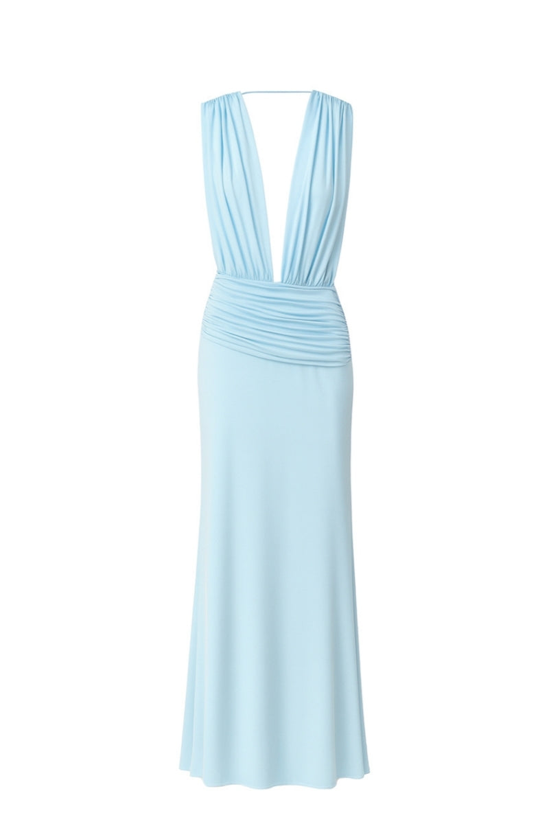 Nazlı Ceren Vivienne long jersey maxi dress in soft baby blue, flowing fabric with a elegant neckline and relaxed fit.