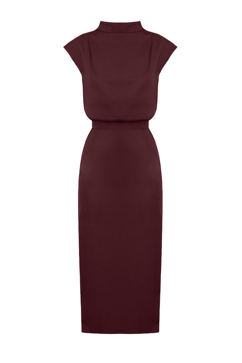 TESSA SHORT KIMONO SLEEVES ELEGANT MIDI DRESS IN WINE-RED
