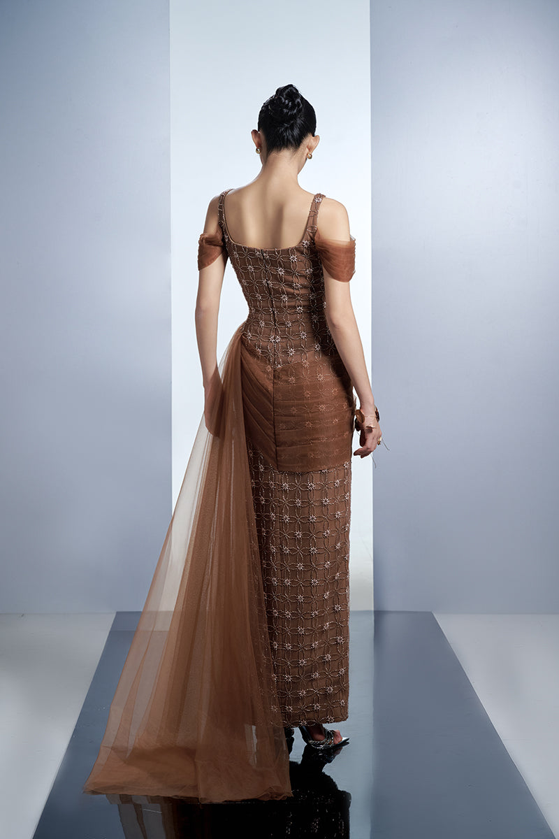 CRYSTAL MAXI DRESS IN BROWN - CULT MIA