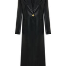 Black Venus Maxi Blazer by Acaria Studio, stylish long coat with tailored fit and classic lapel, displayed on a hanger.