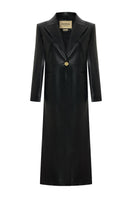 Black Venus Maxi Blazer by Acaria Studio, stylish long coat with tailored fit and classic lapel, displayed on a hanger.