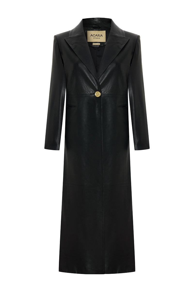 Black Venus Maxi Blazer by Acaria Studio, stylish long coat with tailored fit and classic lapel, displayed on a hanger.