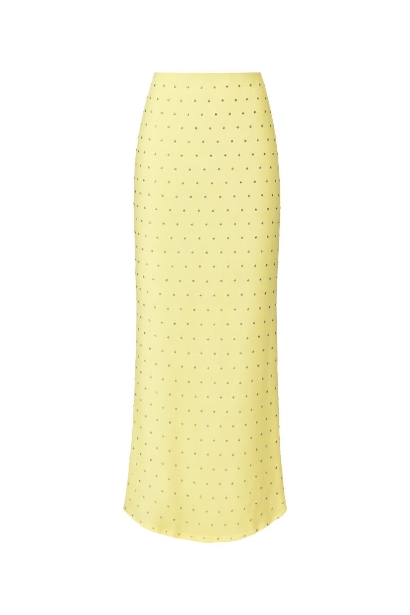 Nazlı Ceren Haley long jersey maxi skirt in Lemonade color, flowing fabric with a comfortable waistband and elegant design.